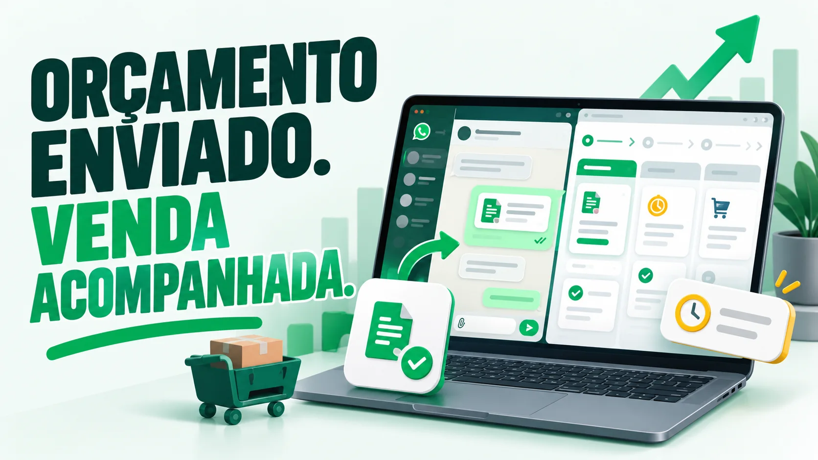 Ilustração de orçamento enviado pelo WhatsApp e acompanhamento da venda em um quadro comercial