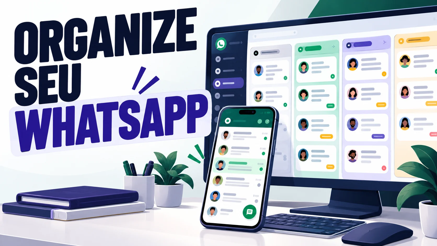 Ilustração de conversas no celular e em um quadro de atendimento, com o texto Organize seu WhatsApp