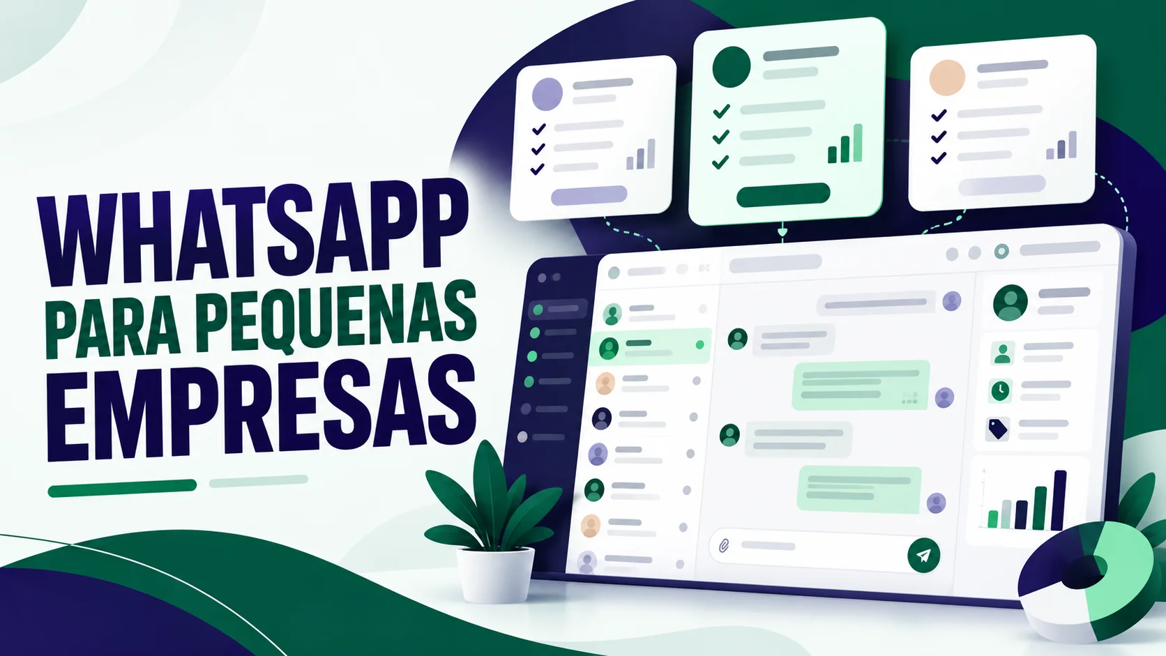 Ilustração de um painel de atendimento e cartões comparativos, com o texto WhatsApp para pequenas empresas